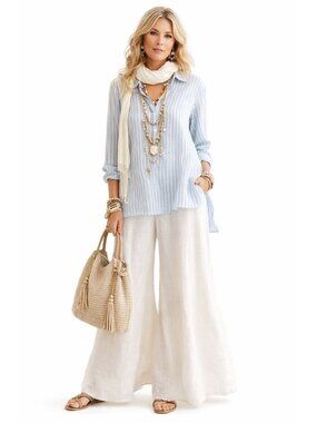 Jade Melogy Chambray Blue White Striped Jade XL Button-Up Long Sleeve Casual Top